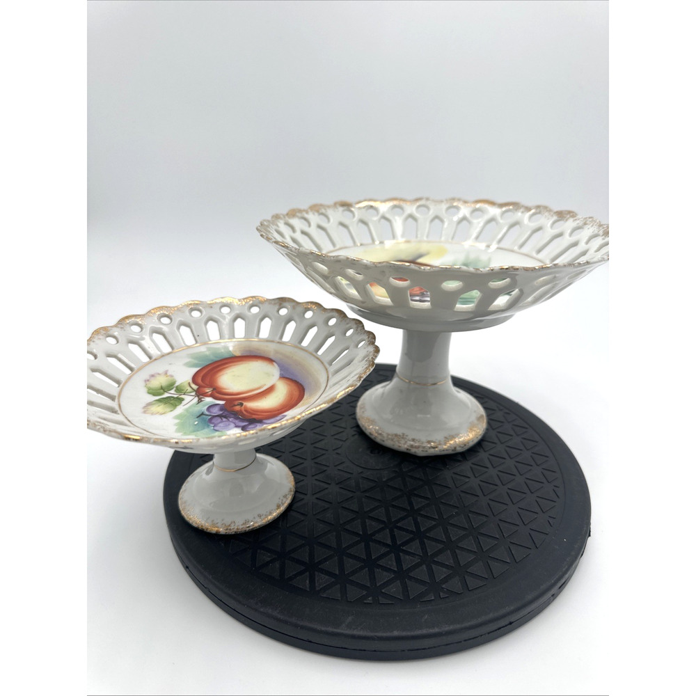 Set Of 2 Ucago Vintage Hand Painted Pedestal Lattice Compote Dishes